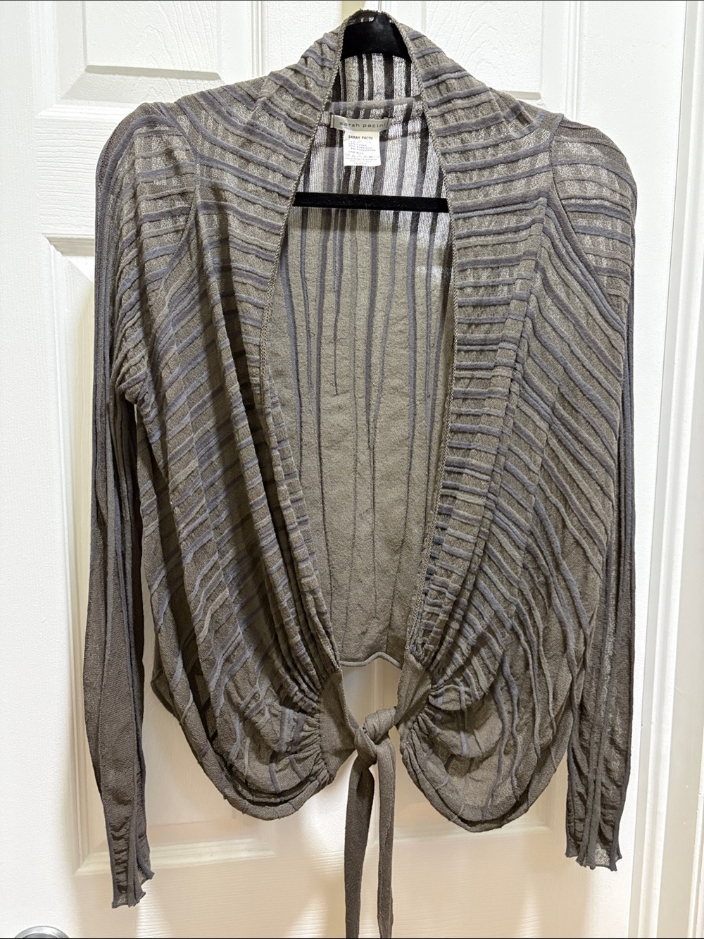 Sarah Pacini Taupe & Gray Striped Tie-Front Sheer Cardigan